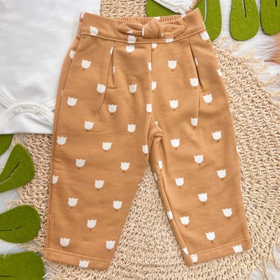 Conj. Body Manga Longa Gola Bordada e Calça Flores - Caramelo